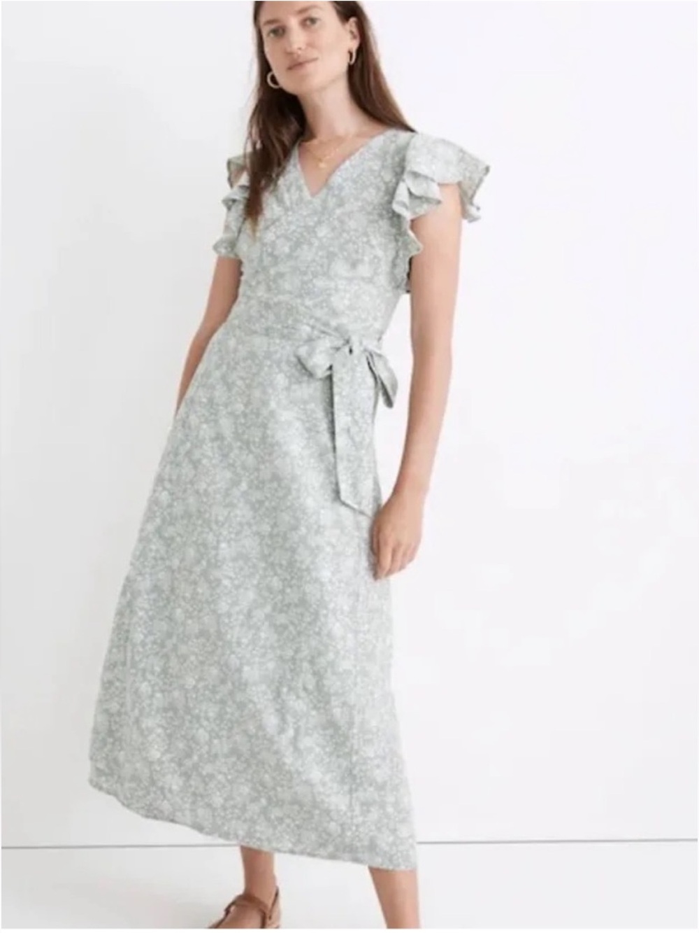 Madewell Midi Wrap Linen Blend Dress 
w/Flutter Sleeves-Piazza Floral Size Small